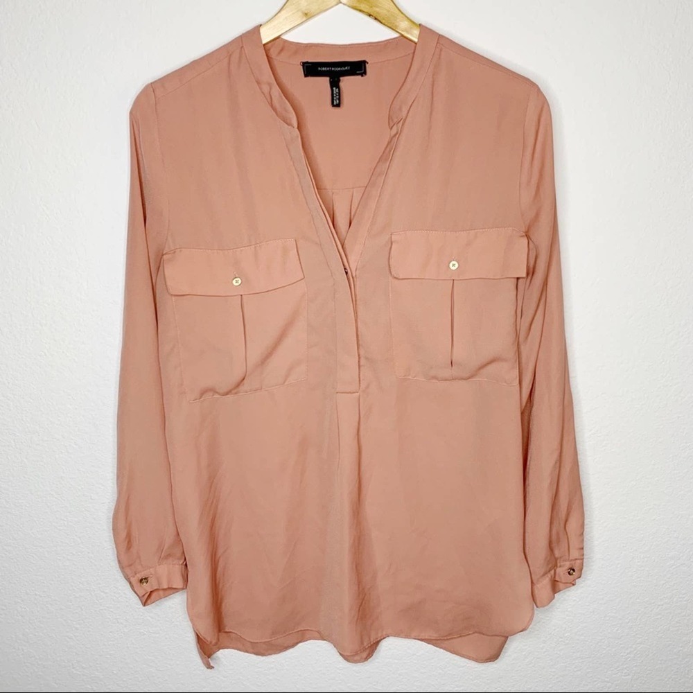 Robert Rodriguez Emery Long Sleeve V-Neck Blouse Salmon with Gold Buttons - Picture 1 of 9